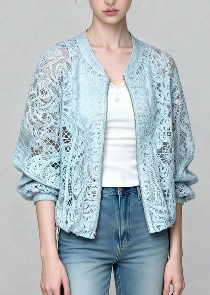 Beautiful Blue Zip Up Hollow Out Lace Coats Summer