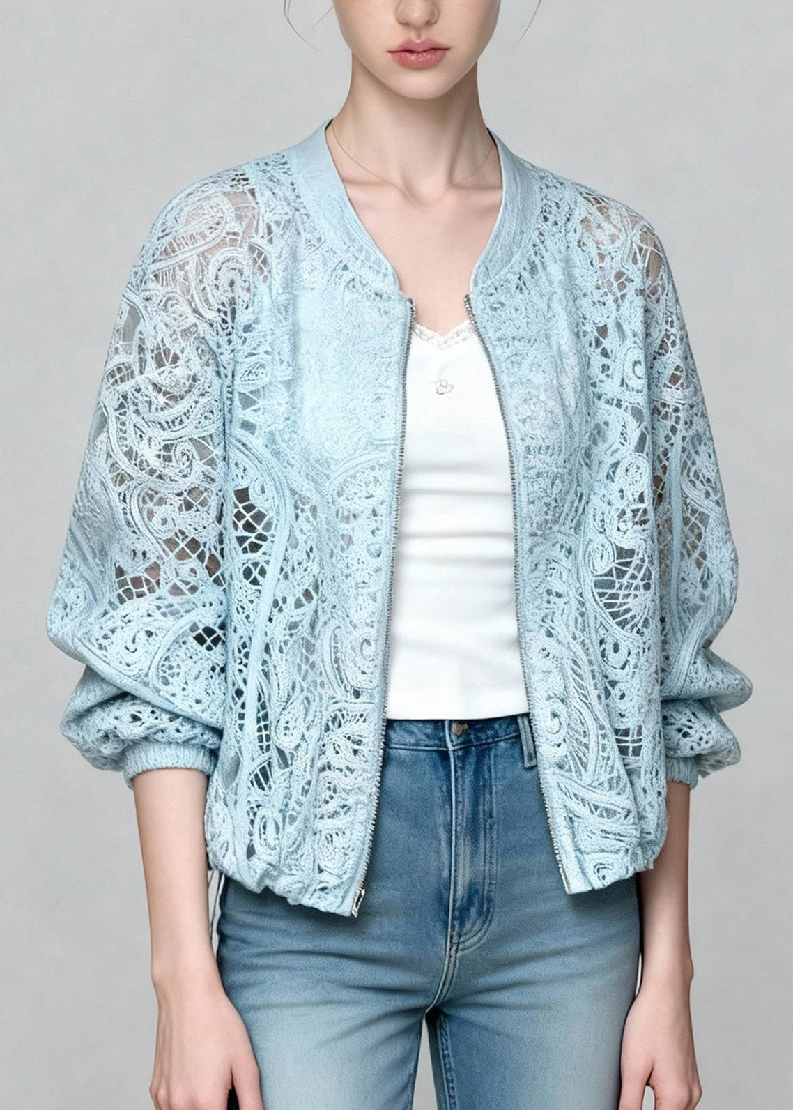 Beautiful Blue Zip Up Hollow Out Lace Coats Summer