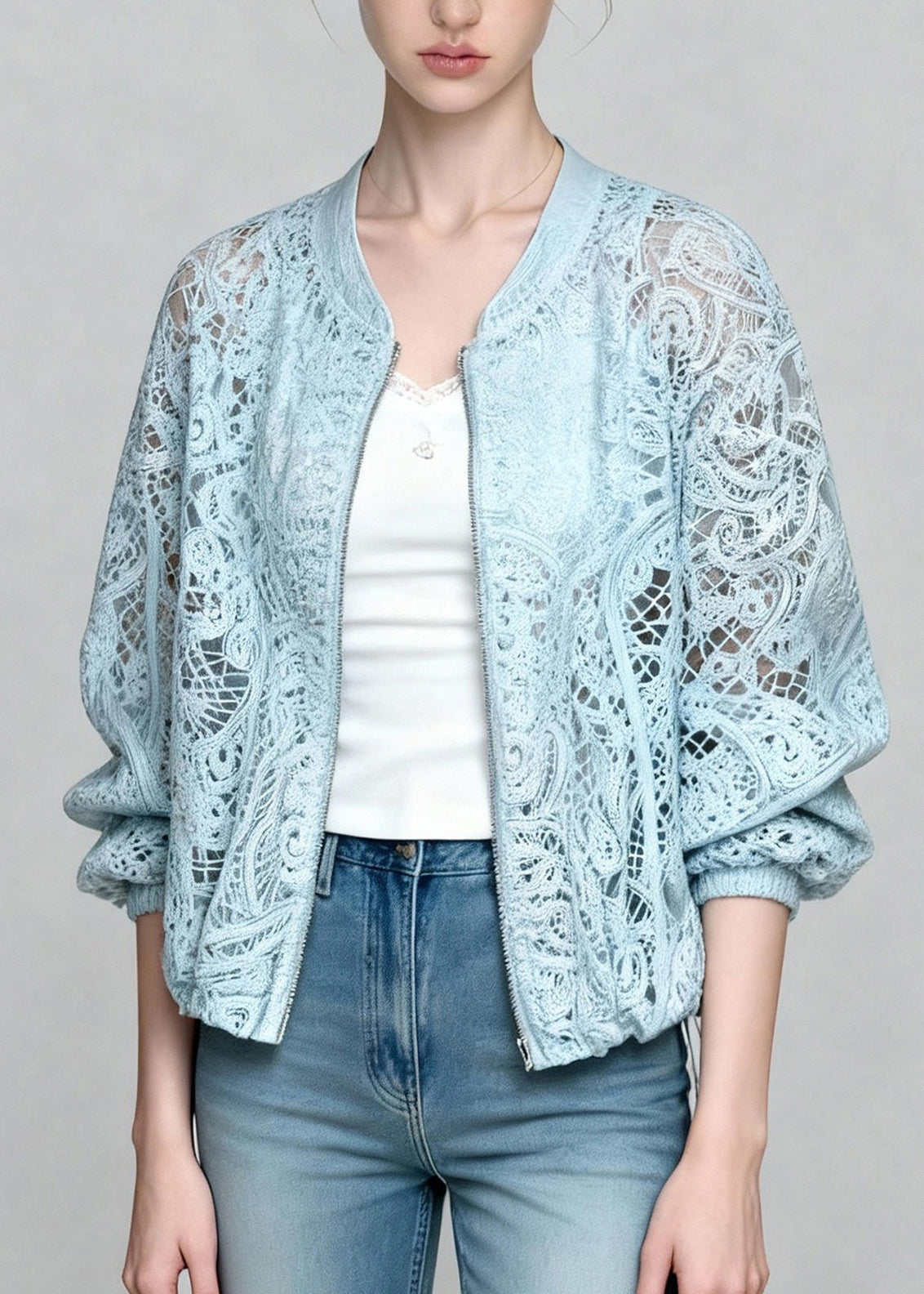 Beautiful Blue Zip Up Hollow Out Lace Coats Summer