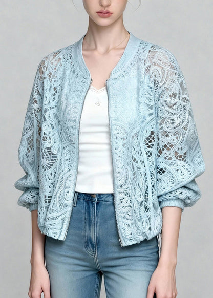 Beautiful Blue Zip Up Hollow Out Lace Coats Summer