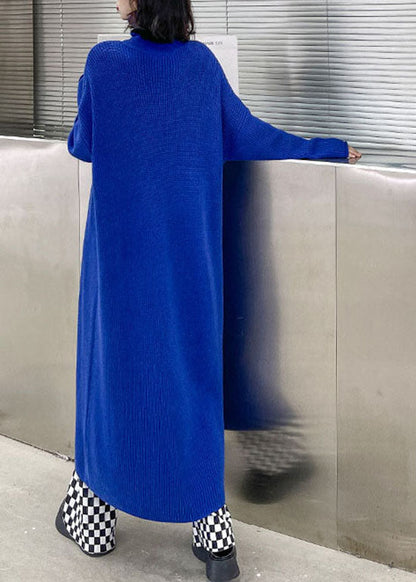 Schöne Blau asymmetrische design Rollkragen Strick Urlaub Kleid Frühling