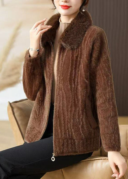 Beautiful Brown Fur Collar Zippered Mink Velvet Coat Winter