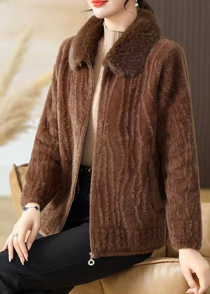 Beautiful Brown Fur Collar Zippered Mink Velvet Coat Winter