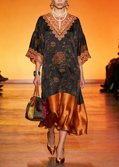 Beautiful Brown Hollow Out Patchwork Silk Party Dress Summer