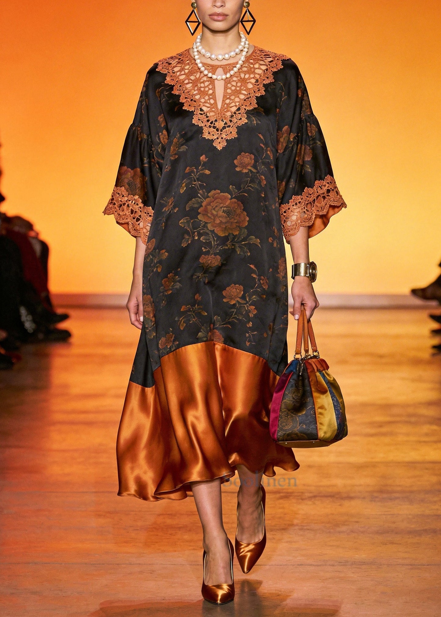 Beautiful Brown Hollow Out Patchwork Silk Party Dress Summer