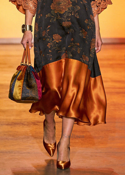 Beautiful Brown Hollow Out Patchwork Silk Party Dress Summer