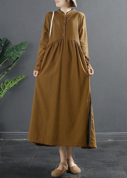 Beautiful Brown Quilting Dresses Patchwork Cinched Plus Size Dress - SooLinen