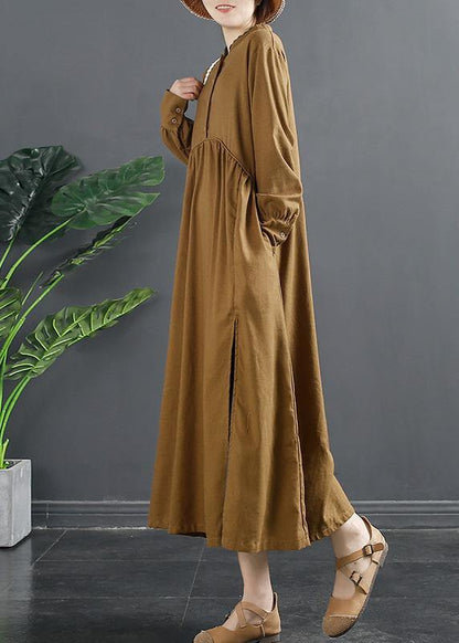 Beautiful Brown Quilting Dresses Patchwork Cinched Plus Size Dress - SooLinen