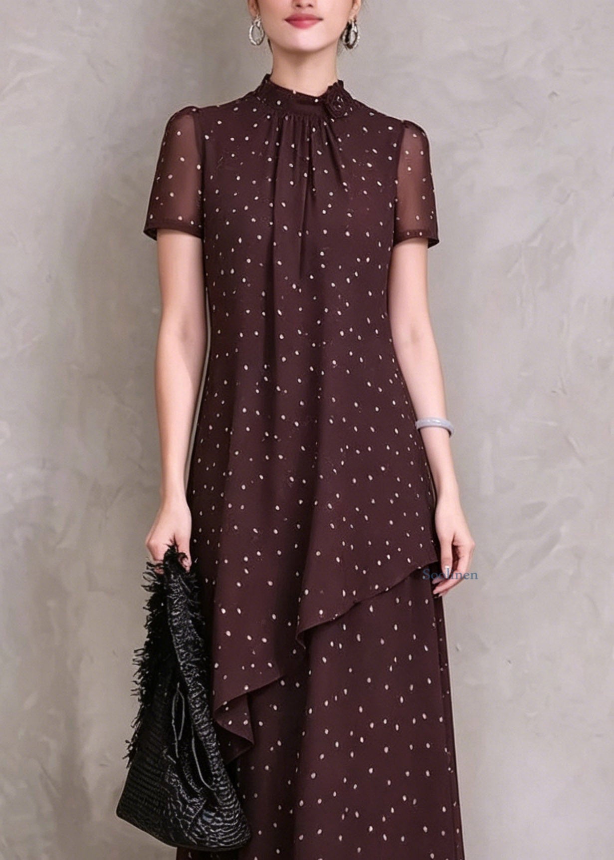 Beautiful Brown Red Asymmetrical Dot Print Maxi Dresses Short Sleeve