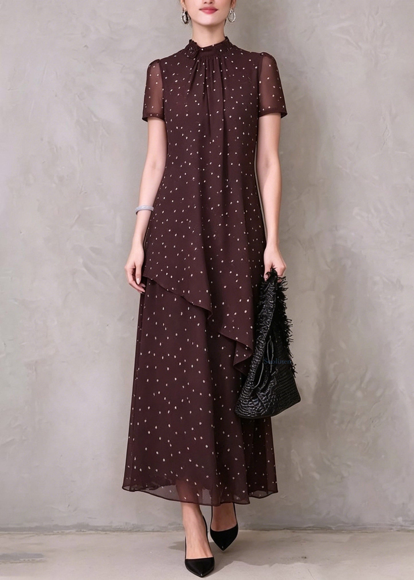 Beautiful Brown Red Asymmetrical Dot Print Maxi Dresses Short Sleeve