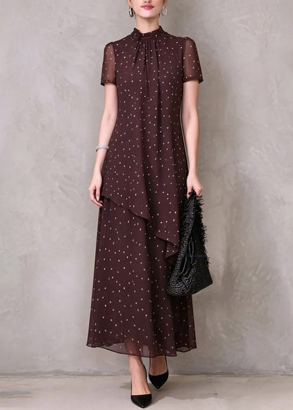 Beautiful Brown Red Asymmetrical Dot Print Maxi Dresses Short Sleeve