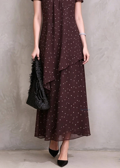 Beautiful Brown Red Asymmetrical Dot Print Maxi Dresses Short Sleeve