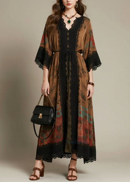 Beautiful Brown Tie Waist Lace Patchwork Chiffon Dress Summer