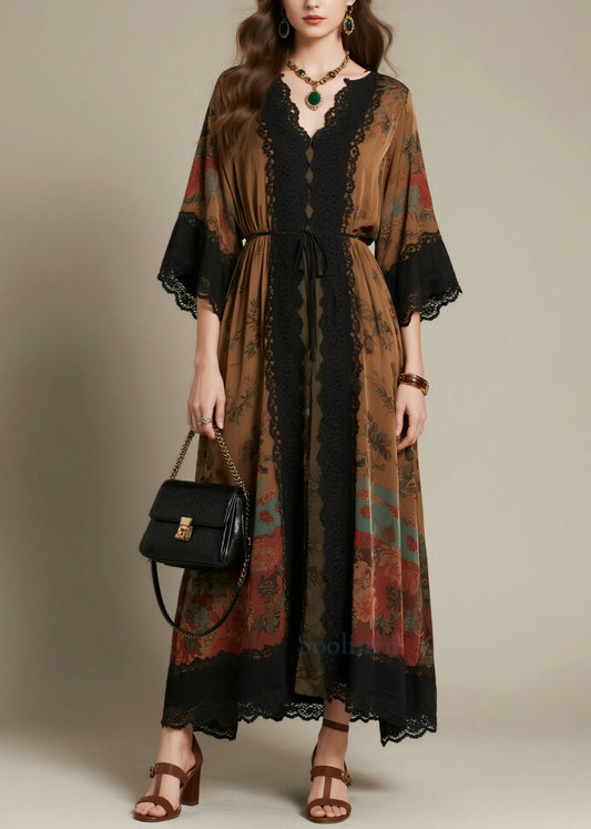 Beautiful Brown Tie Waist Lace Patchwork Chiffon Dress Summer
