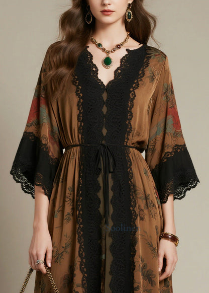 Beautiful Brown Tie Waist Lace Patchwork Chiffon Dress Summer