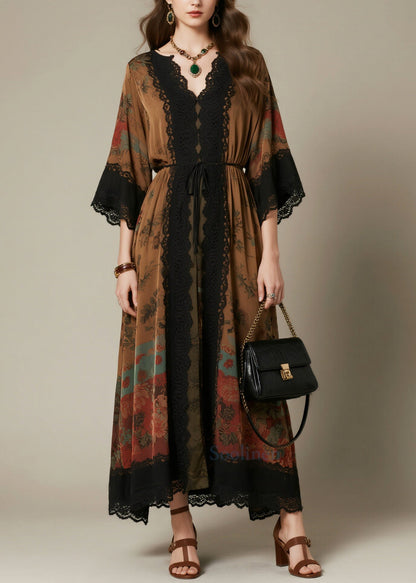 Beautiful Brown Tie Waist Lace Patchwork Chiffon Dress Summer