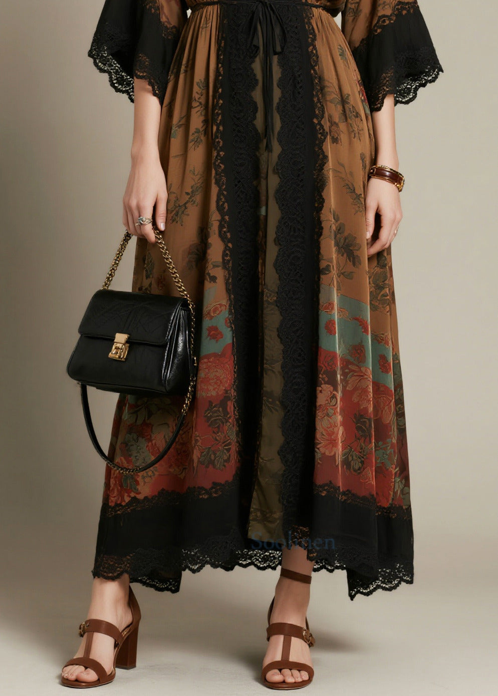 Beautiful Brown Tie Waist Lace Patchwork Chiffon Dress Summer