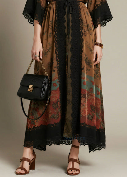 Beautiful Brown Tie Waist Lace Patchwork Chiffon Dress Summer
