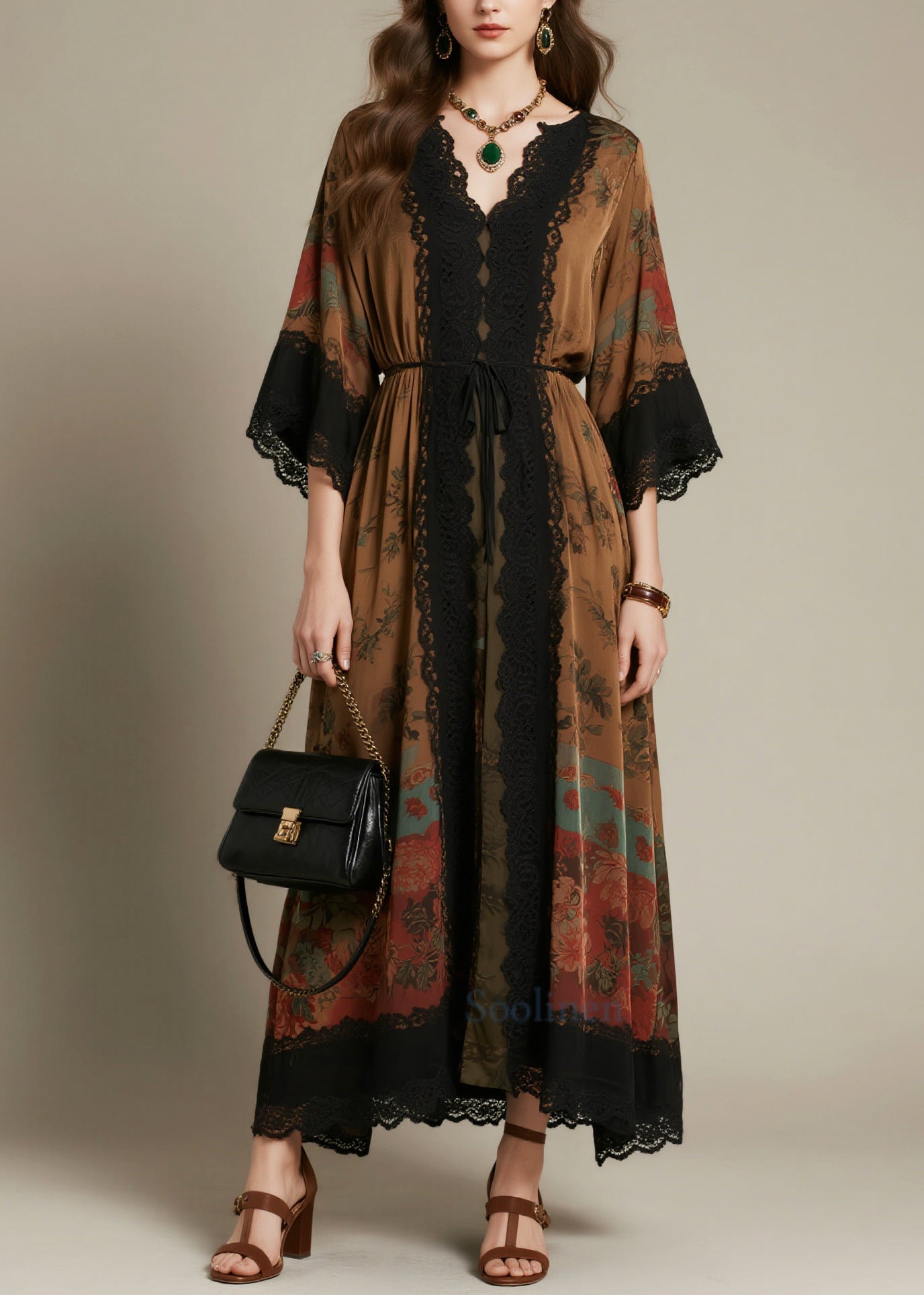 Beautiful Brown Tie Waist Lace Patchwork Chiffon Dress Summer