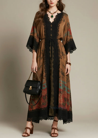 Beautiful Brown Tie Waist Lace Patchwork Chiffon Dress Summer