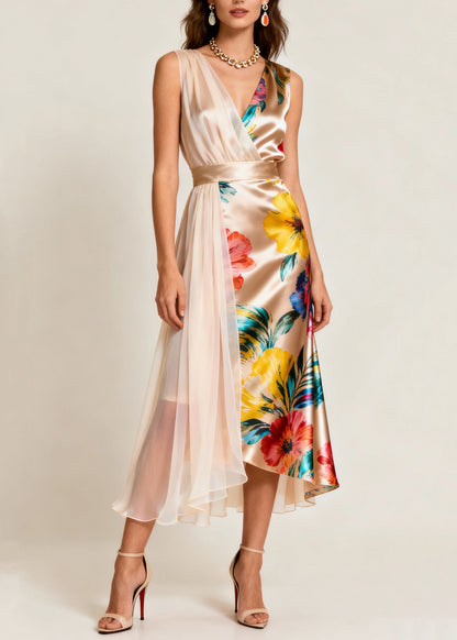 Beautiful Champagne Color Asymmetrical Print Tulle Patchwork Dress Sleeveless