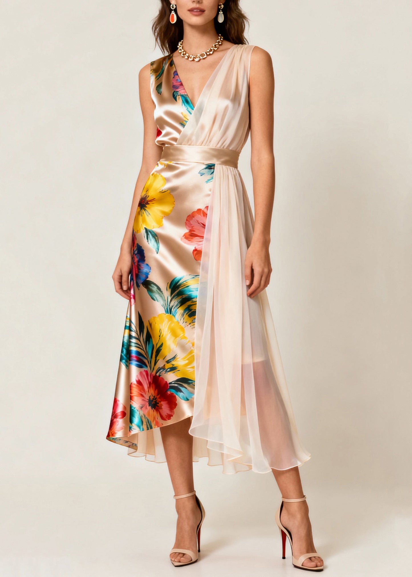 Beautiful Champagne Color Asymmetrical Print Tulle Patchwork Dress Sleeveless