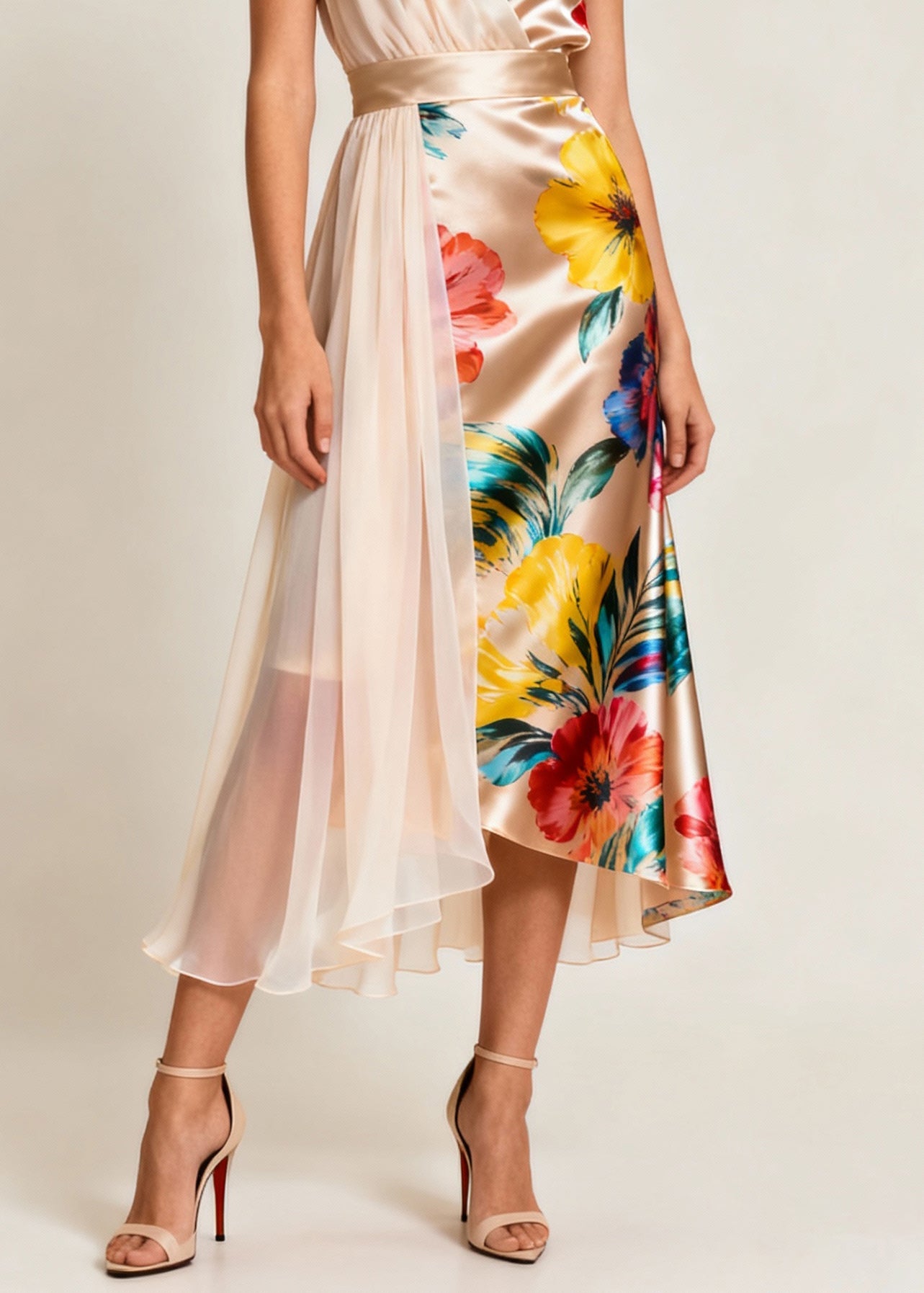 Beautiful Champagne Color Asymmetrical Print Tulle Patchwork Dress Sleeveless