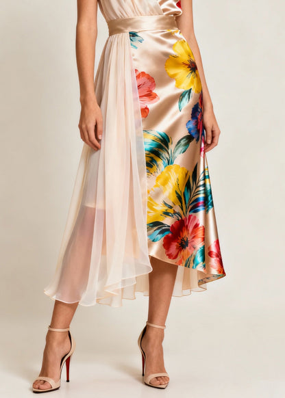 Beautiful Champagne Color Asymmetrical Print Tulle Patchwork Dress Sleeveless