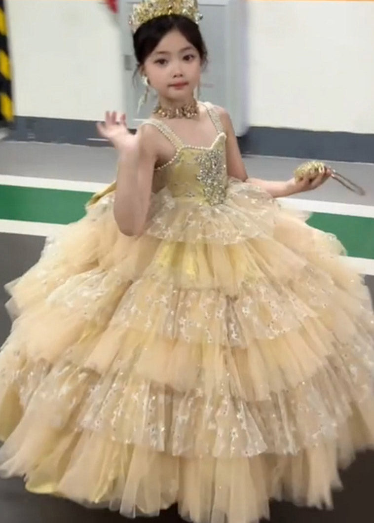 Beautiful Champagne Patchwork Zircon Tulle Kids Spaghetti Strap Dress Sleeveless