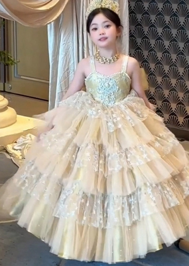 Beautiful Champagne Patchwork Zircon Tulle Kids Spaghetti Strap Dress Sleeveless
