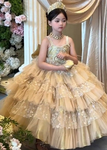 Beautiful Champagne Patchwork Zircon Tulle Kids Spaghetti Strap Dress Sleeveless
