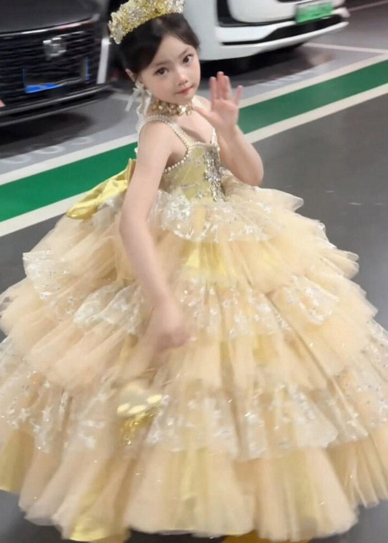Beautiful Champagne Patchwork Zircon Tulle Kids Spaghetti Strap Dress Sleeveless