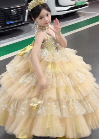 Beautiful Champagne Patchwork Zircon Tulle Kids Spaghetti Strap Dress Sleeveless