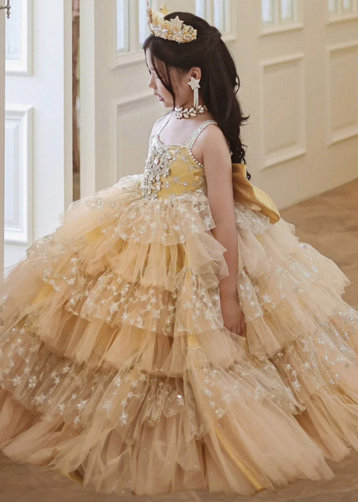 Beautiful Champagne Patchwork Zircon Tulle Kids Spaghetti Strap Dress Sleeveless