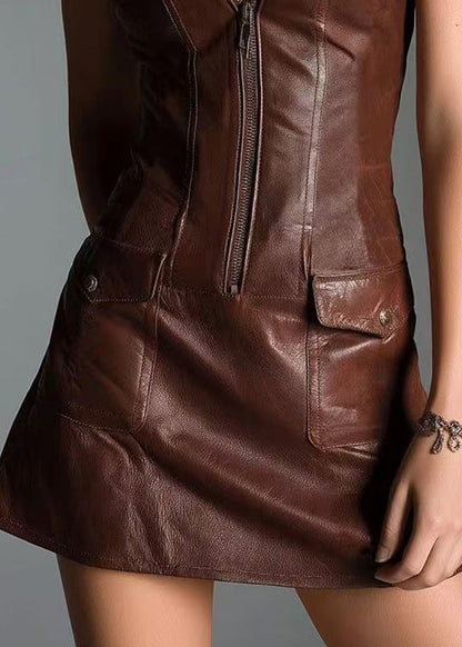 Beautiful Chocolate Zip Up Pockets Faux Leather Dress Sleeveless