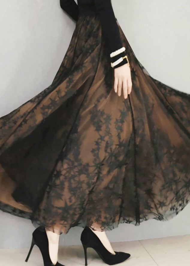 Wunderschöner schokoladenbrauner bestickter Blumen-Maxirock mit hoher Taille und schmeichelndem Tüll