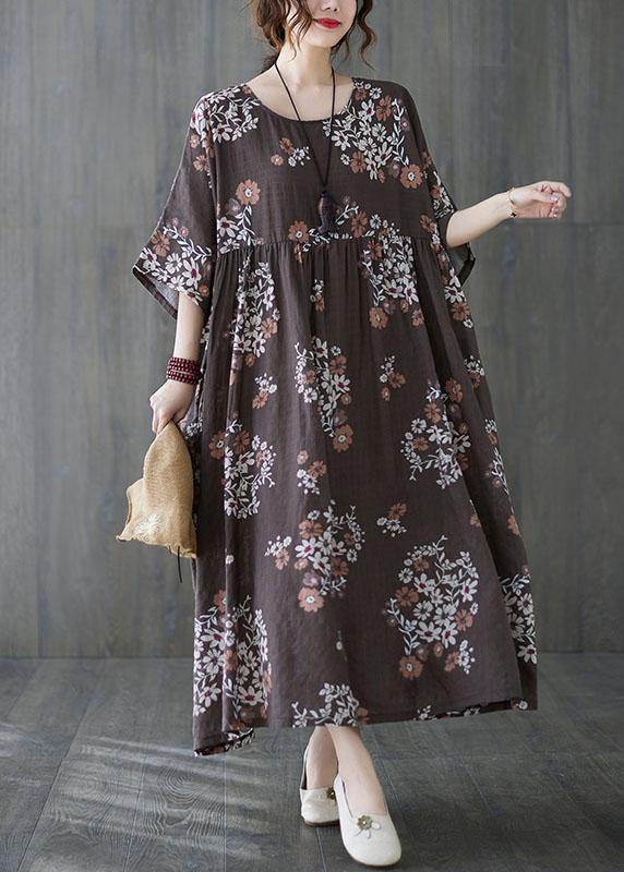 Beautiful Coffee Patchwork Print Summer Vacation Dress Half Sleeve - SooLinen