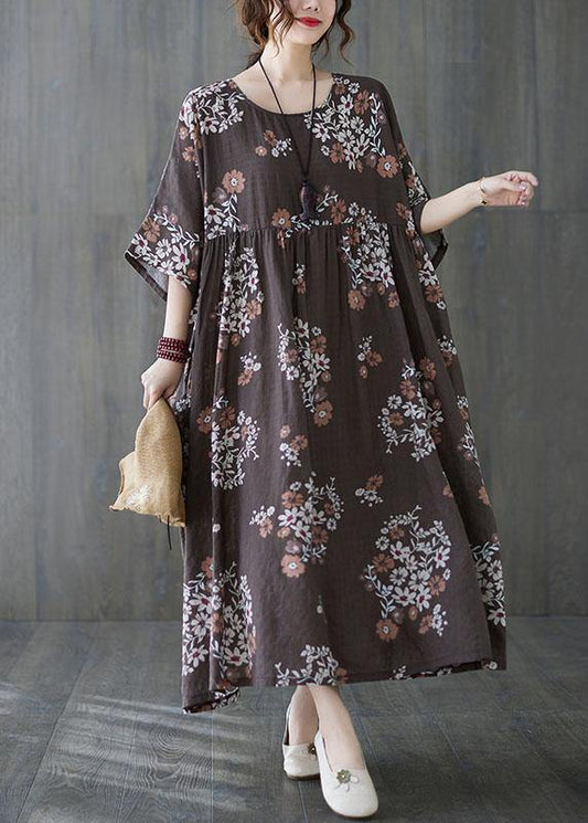 Beautiful Coffee Patchwork Print Summer Vacation Dress Half Sleeve - SooLinen