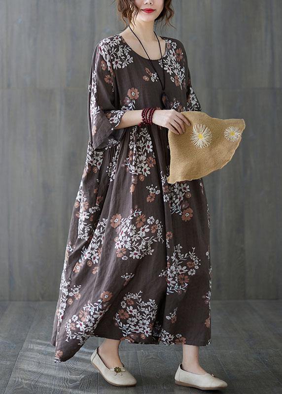 Beautiful Coffee Patchwork Print Summer Vacation Dress Half Sleeve - SooLinen