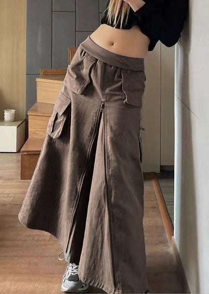 Schöne Schokolade Solid Zip Up Taschen Seide A-Linie Rock Herbst