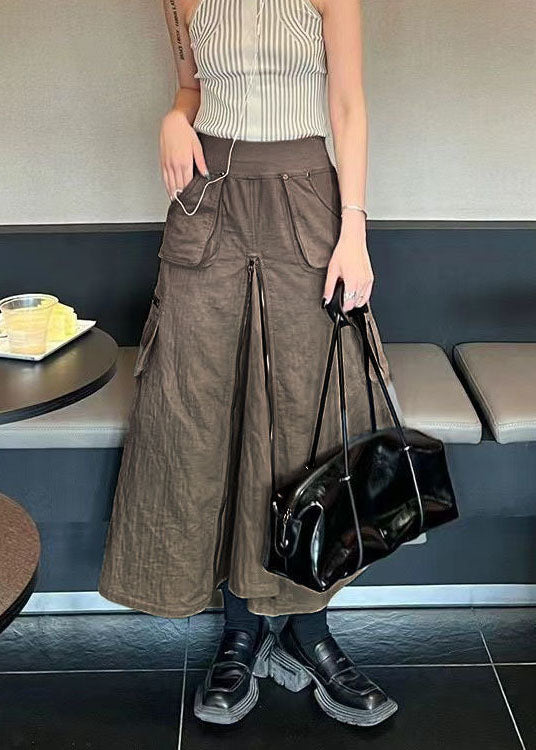 Schöne Schokolade Solid Zip Up Taschen Seide A-Linie Rock Herbst