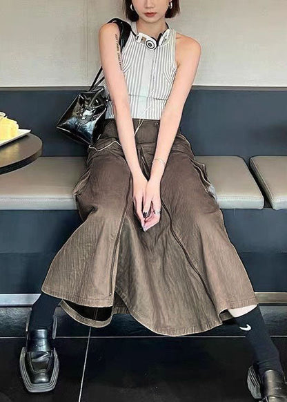 Schöne Schokolade Solid Zip Up Taschen Seide A-Linie Rock Herbst