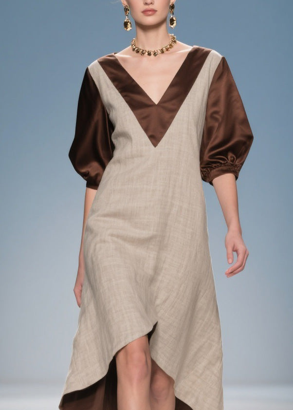 Beautiful Colorblock Low High Design Patchwork Linen Silk Dress Summer