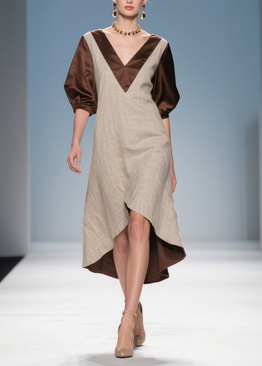 Beautiful Colorblock Low High Design Patchwork Linen Silk Dress Summer