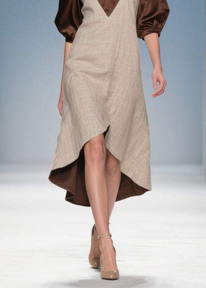 Beautiful Colorblock Low High Design Patchwork Linen Silk Dress Summer