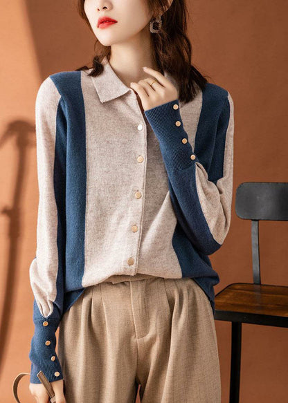 Schöne Colorblock Peter Pan Kragen Patchwork Kaschmir Strickjacken Frühling