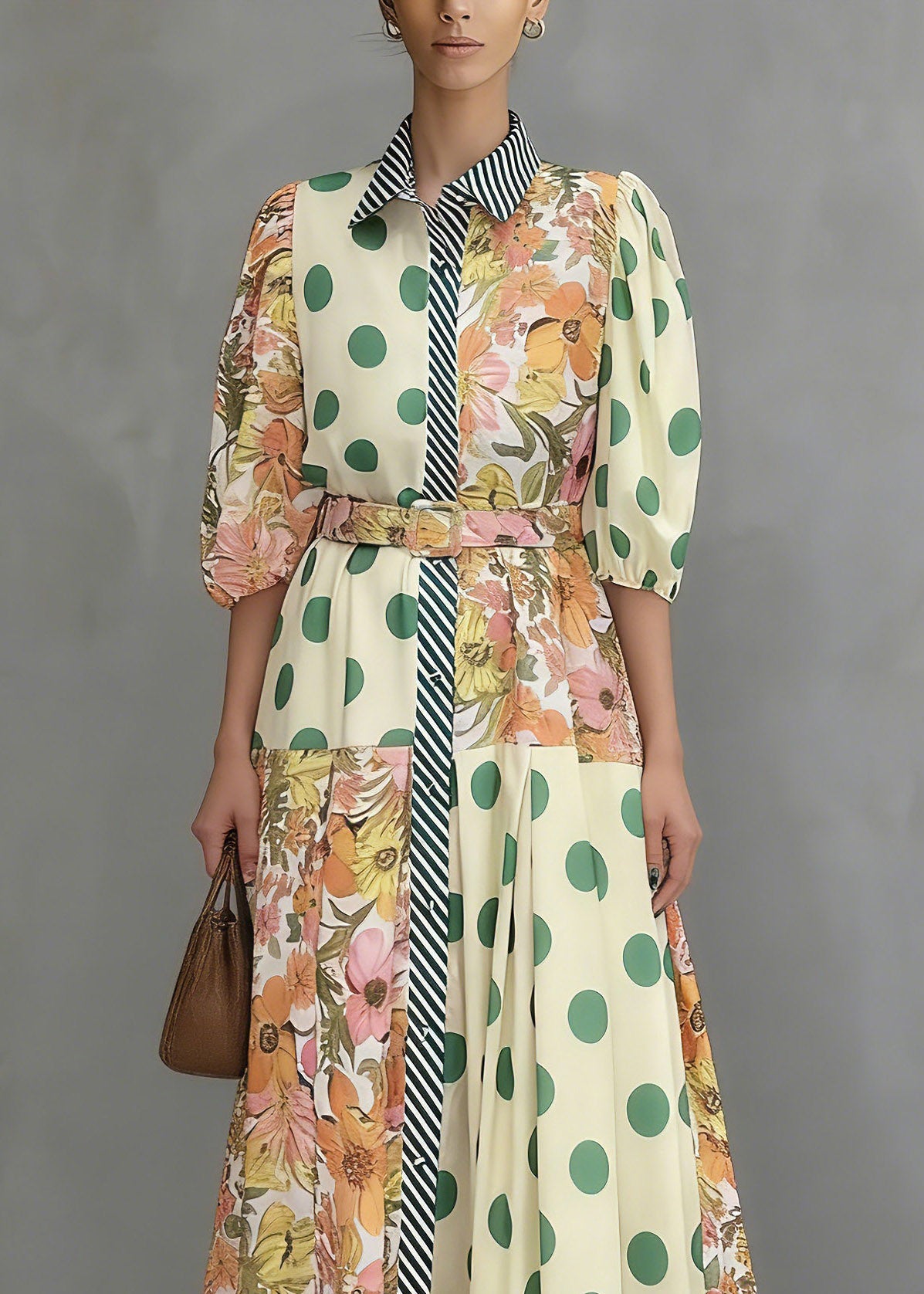 Beautiful Colorblock Peter Pan Collar Print Maxi Shirts Dresses Summer