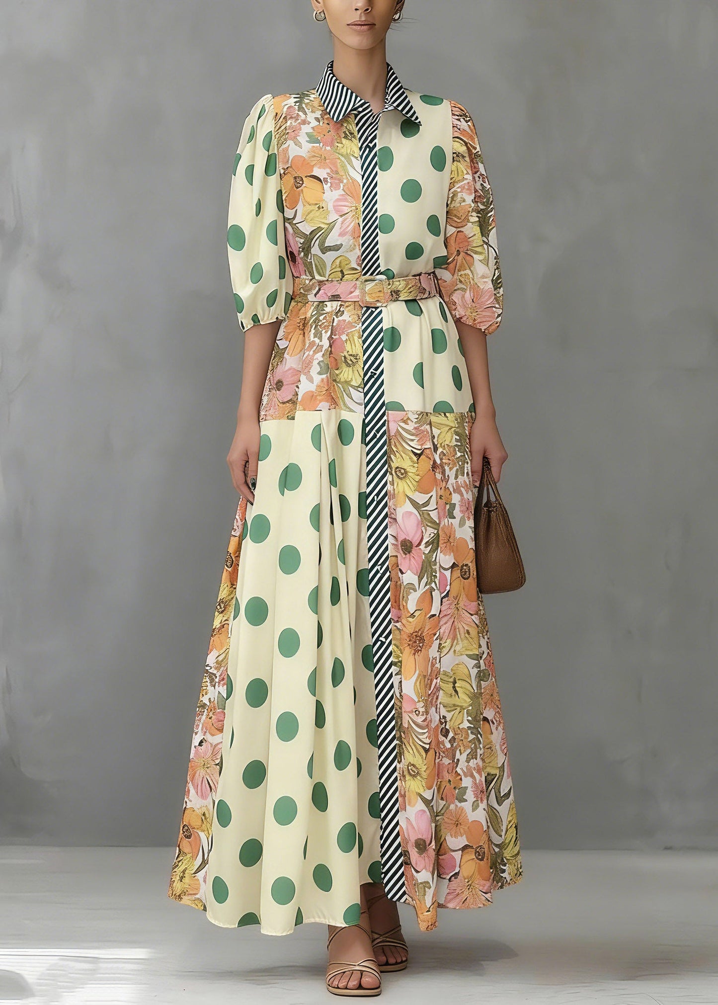 Beautiful Colorblock Peter Pan Collar Print Maxi Shirts Dresses Summer