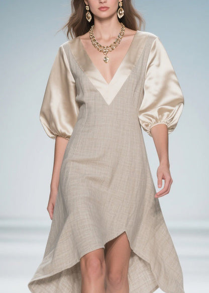 Beautiful Colorblock Puff Sleeve Patchwork Linen Silk Dresses