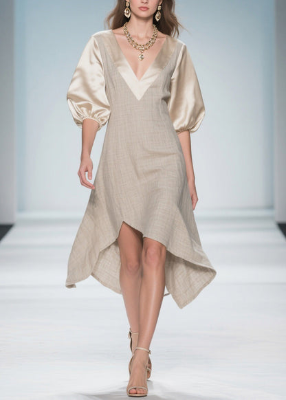 Beautiful Colorblock Puff Sleeve Patchwork Linen Silk Dresses
